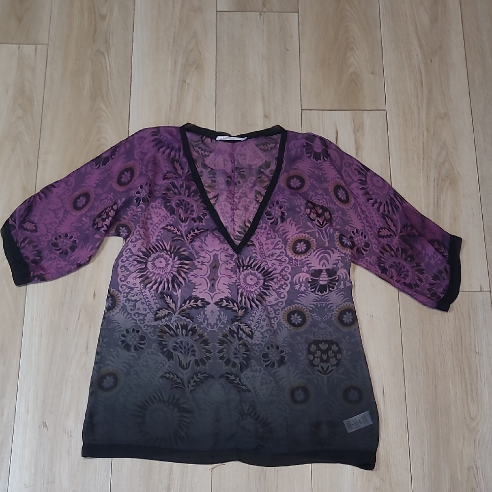 Language Purple and Black Silk Floral Sheer Blouse Made In Usa Size M